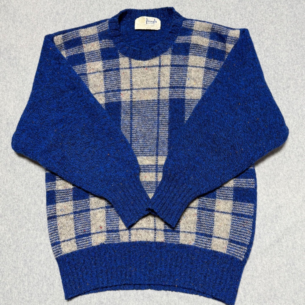 Pringle of Scotland Mens Vintage Blue Plaid 100% Shetland Wool Sweater Medium